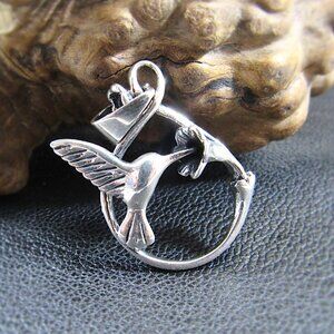 Solid 925 Sterling Silver Hummingbird and Flower Pendant - Garden Lover Jewelry